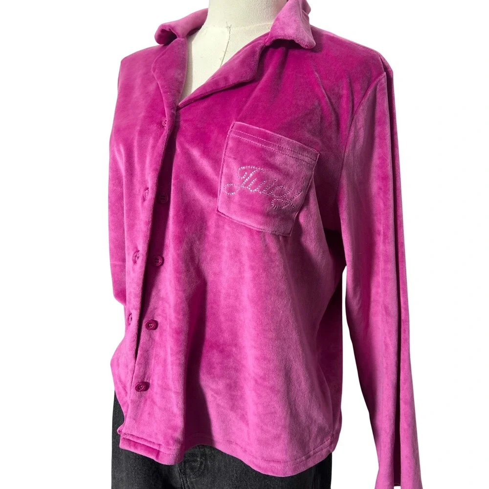 Juicy Couture Pink Velour Pajama‎ Top Rhinestone Logo Button Up Sleepwear